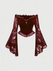 ROMWE Spring/Summer Red Gothic Style Off Shoulder Lace Flare Sleeve Velvet Fitted Blouse For Women - Burgundy - View 1