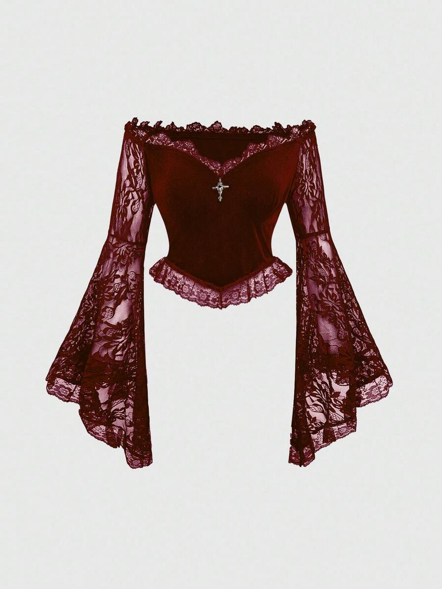 ROMWE Spring/Summer Red Gothic Style Off Shoulder Lace Flare Sleeve Velvet Fitted Blouse For Women - Burgundy - View 1