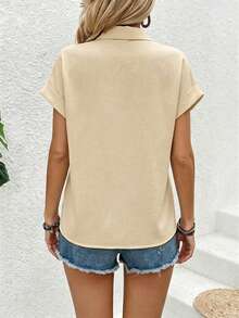 Zayélia Blus Lengan Pendek Model Batwing Warna Polos untuk Wanita, Atasan Lengan Pendek - Khaki - View 2