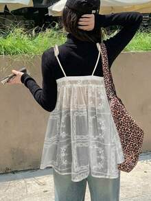 DAZY 女士夏季休闲纯色刺绣吊带背心 - 杏色 - 查看 5