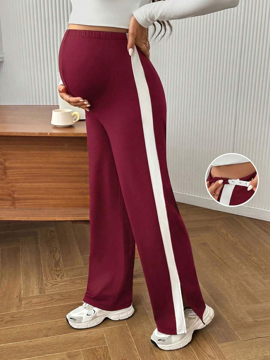 SHEIN 孕婦可調腰圍撞色休閒百搭日常外出長褲 - 酒紅色 - 查看 1