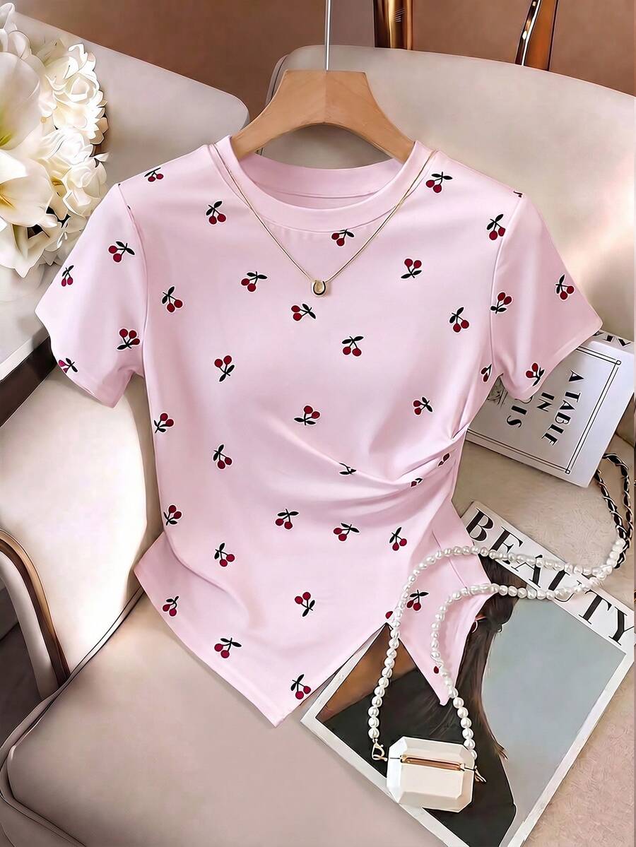 GlowEve 女士樱桃印花圆领短袖不对称下摆T恤 - 粉色 - 查看 1