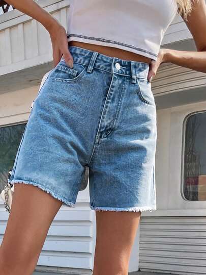 EMERY ROSE Solid Raw Hem Denim Shorts, Mom Shorts Summer
