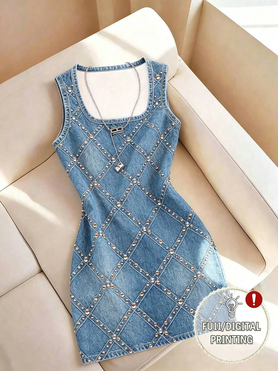 Resyla Đầm tối giản in họa tiết giả denim thời trang nữ - Nhiều màu - Xem 1