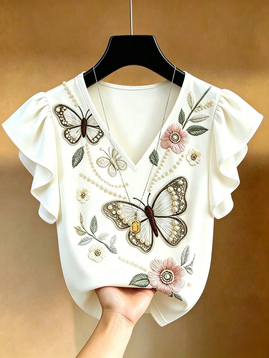 SHEIN Franclia 法式優雅V領黑白對比荷葉邊飾短袖雪紡上衣,修身通勤穿搭,夏季新品 - 彩色 - 查看 1