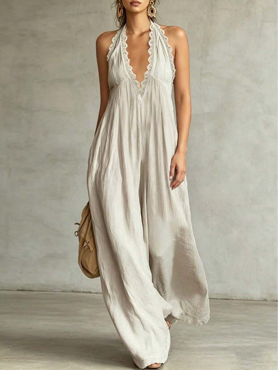 Linhara CURVE Plus Size Woven Summer Casual Fashion Style Travel Daily Wear Women's One-Piece Pants - Apricot - View 1