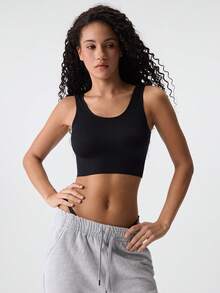 Loungeista Áo tank top crop đen trơn thường ngày có sẵn áo ngực, độ co giãn vừa, thiết kế hở lưng cho nữ, cho mùa hè - màu đen - Xem 1