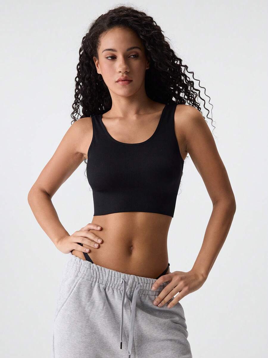 Loungeista Áo tank top crop đen trơn thường ngày có sẵn áo ngực, độ co giãn vừa, thiết kế hở lưng cho nữ, cho mùa hè - màu đen - Xem 1