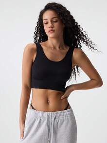 Loungeista Áo tank top crop đen trơn thường ngày có sẵn áo ngực, độ co giãn vừa, thiết kế hở lưng cho nữ, cho mùa hè - màu đen - Xem 3