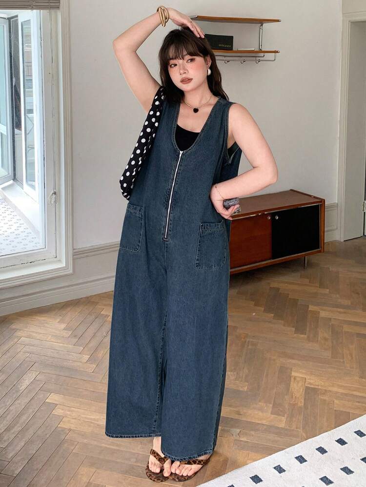 Dazy Plus Plus Size Women's Washed Dark Blue Zip Front Loose Casual Long Denim Jumpsuit, Spring/Summer