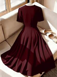 GlowEve CURVE Plus Size Women Solid Color Bow Decor Wrap Short Sleeve Dress - Burgundy - View 2