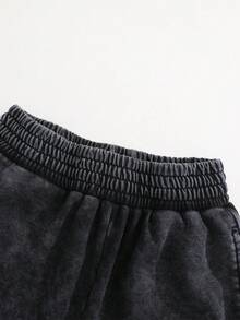 SHEIN 2026 New Tween Girls' Denim Shorts, Summer Fashion Casual Style. Grey Acid Wash, Elastic Waistband With Slit Hem Design, Straight Loose Fit. - Black - View 5