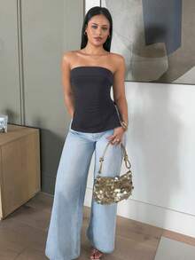leahseptember Spring/Summer Casual Baech Y2K Subculture Solid Cropped Bandeau Strapless Top With Slit Hem For Women - Dark Grey - View 2