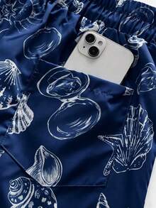 ROMWE MEN Casual Men's Starfish Print Drawstring Waist Beach Shorts - Navy Blue - View 4