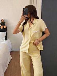 Napfluff Bubble Crinkle Striped Ruffle Front Women Pajama Set - Yellow - View 7