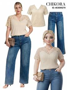 Chikora Plus Size Peach Summer Elegant Wedding Ninang Women Contrast Lace V-Neck T-Shirt,Fashion Casual Office Attire Work Tops Blouses Carnival Costume 2026 - Apricot - View 2