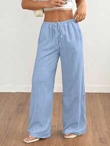 EMERY ROSE Plus Size Women Casual Solid Color Wide Leg Pants, Autumn Clothing Material, Big Size Trousers Fall - Sky Blue - View 4