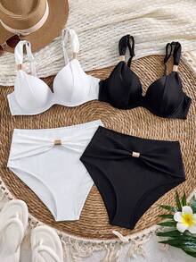 Swim Basics 純色極簡設計女款時尚比基尼兩件套 夏季海灘適用 - 彩色 - 查看 2