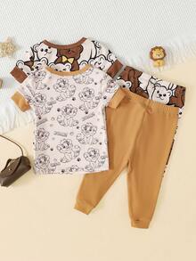 Baby Boy Casual Cartoon Bear Pattern Slim Fit Round Neck Comfortable Short Sleeve Pants Pajamas, Suitable For Spring & Summer 4 SETS RANDOM Snug Fit - Multicolor - View 4
