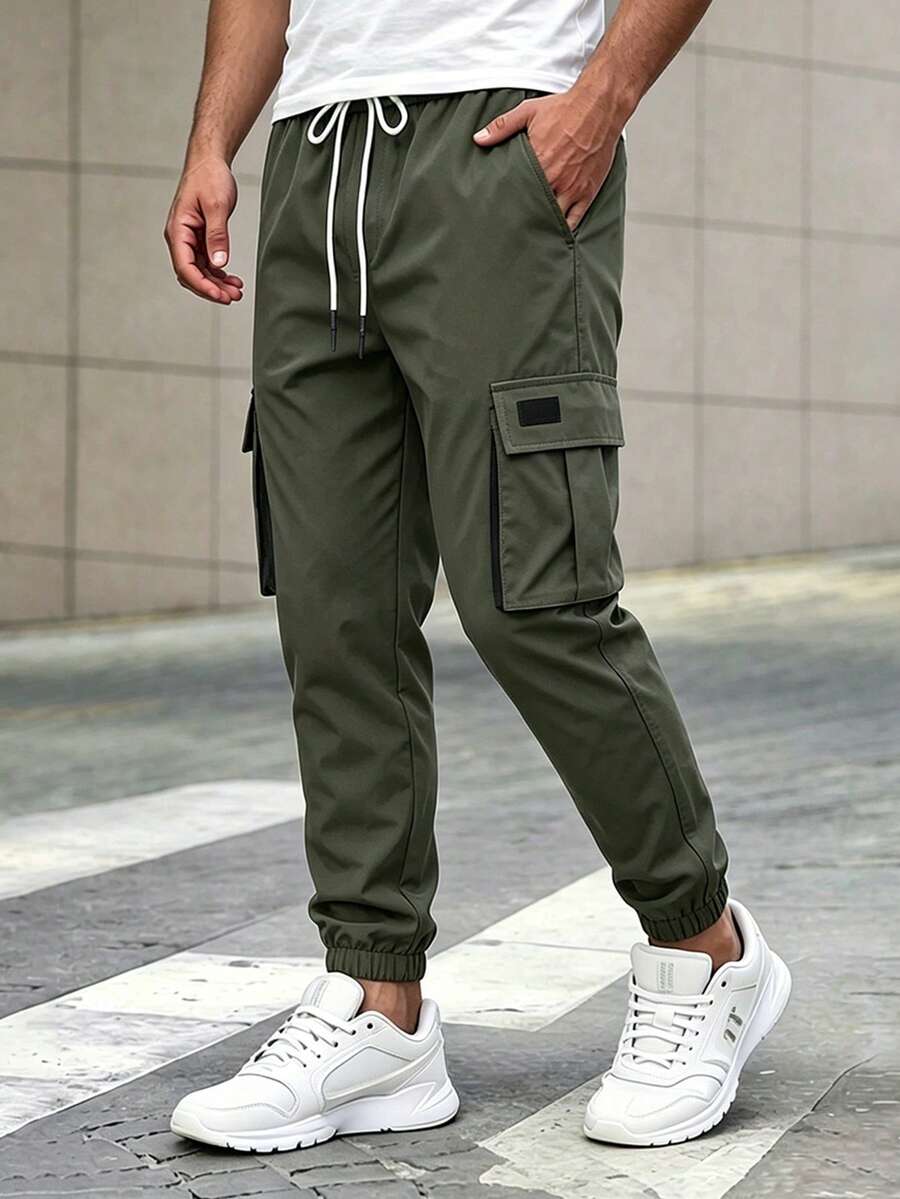 Manfinity Roughcore Men's Casual Elastic Waist Drawstring Cargo Pants - Army Green - View 1