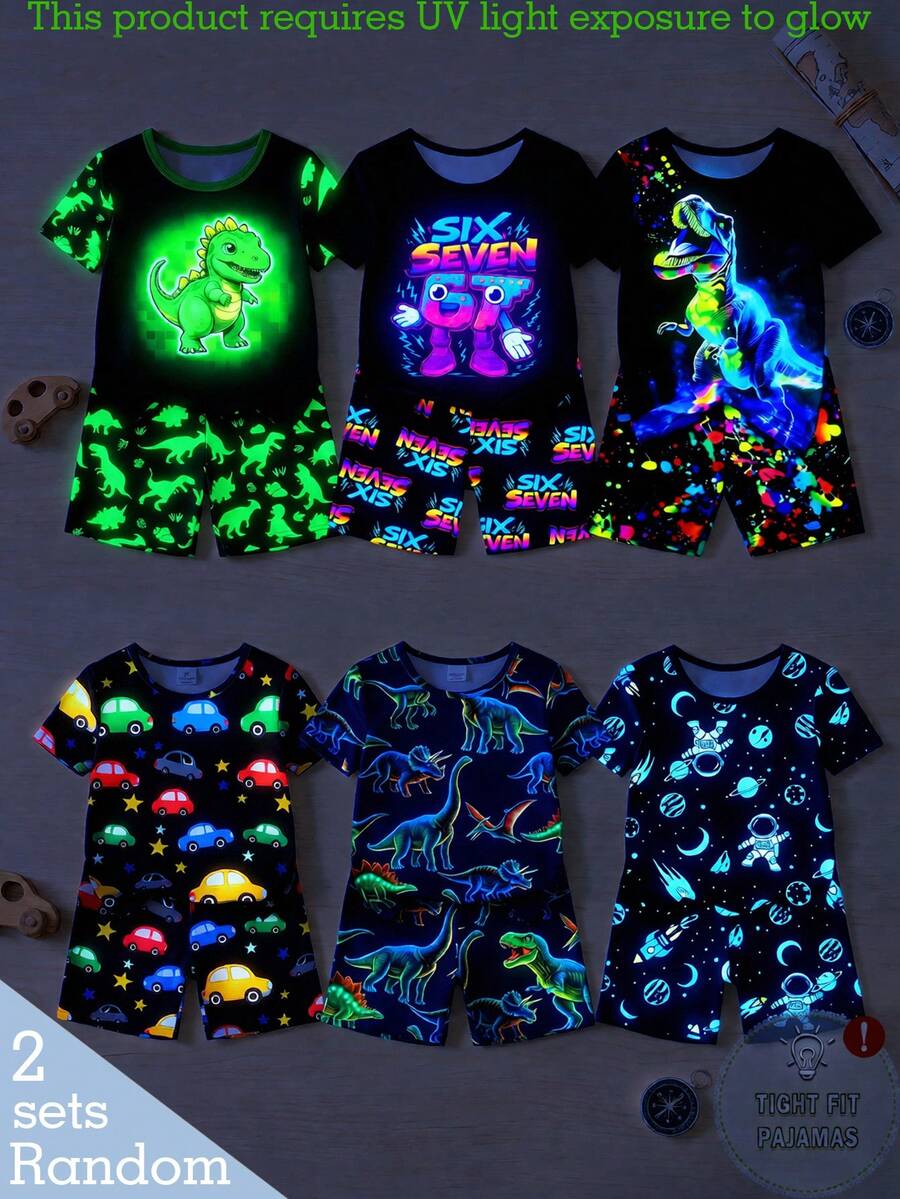 [6 pièces/set aléatoire] Pyjamas pour jeunes garçons, nouvelles conceptions à la mode lumineuses pour le printemps/été, incluant des motifs de numéros, dinosaures, voitures, astronautes, planètes, univers. Ensemble de vêtements de nuit ajustés en tricot avec manches courtes élastiques et shorts, 2 pièces Top + 2 pièces bas (expédié de manière aléatoire) - Noir - Voir 1