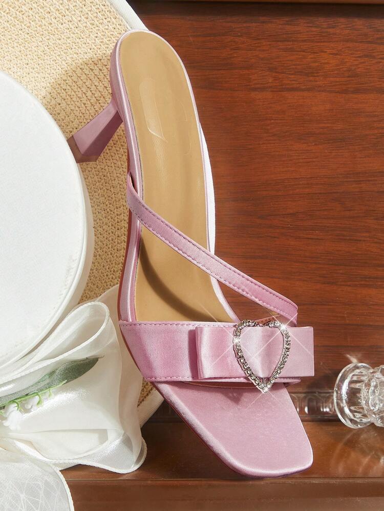 CUCCOO HITCHD Sweet Girl Style Pink And Purple Fine Heel Sandals, Love Rhinestone Bow Square Toe Design, Summer Versatile Outer Slippers
