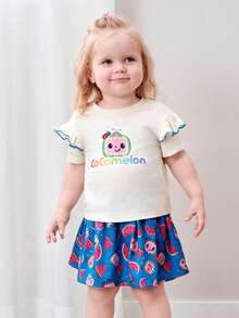 CoComelon X SHEIN Baby Girl Summer Casual Cartoon Pattern Ruffle T-Shirt And Watermelon Print Skirt Set - Apricot - View 4