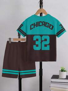 2pcs/Set Boys' Casual Streetwear Chicago Number 32 Striped Green Black Graphic Tee And Shorts Set,Summer City Break Fashionable Chic Daily Outfit - Multicolor - View 2