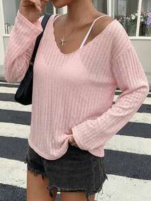 DAZY 女款寬鬆深V領長袖透視休閒上衣，都市街頭風T恤，適合秋季度假旅行，腮紅粉色，校園風 - 粉色 - 查看 2