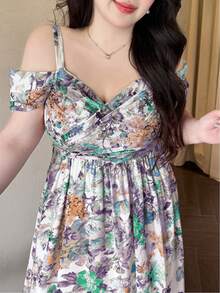 Vibekara Plus Size Women's Summer Beach Tea Party Vacation Floral Print Off-Shoulder Ruffle Hem Dress White Boho - Mint Green - View 4
