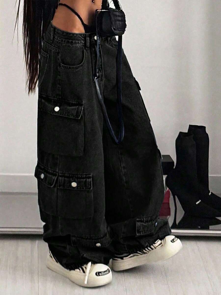 Jeanoix 大尺碼女款工裝口袋寬腿寬鬆休閒牛仔褲,黑色,適合約會之夜與約會,夏季穿著 - 黑色 - 查看 1