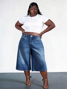 CurvyTilda Plus-Size Denim Bermuda Shorts, High-Waisted Wide-Leg Pants With Comfortable Elastic Waistband Casual - Medium Wash - View 3