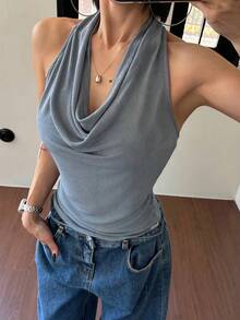 DAZY 女款純色露背性感度假背心掛脖上衣 - 灰色 - 查看 3