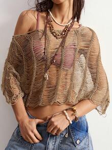 Bohemela Áo len dệt kim nữ phong cách Bohemian, tua rua, cắt rỗng, gợi cảm, đa năng - Màu Khaki - Xem 3