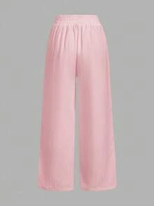 SHEIN Essnce 3件組女款休閒腰部綁帶口袋直筒長褲，適合夏季 - 彩色 - 查看 7