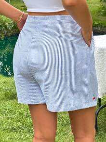 SHEIN Celana Pendek Hamil Musim Panas, Pinggang Elastis yang Dapat Diatur, Saku Miring, Longgar dan Nyaman, Motif Ceri Lucu, Kasual - Biru - View 8