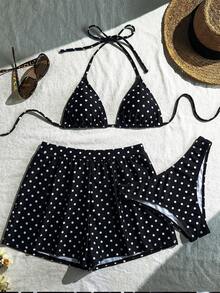 Swim Vcay Ensemble de 3 pièces de maillot de bain sexy avec liens, imprimé populaire de lys et de léopard, haute élasticité, pour la plage et les vacances - Noir - Voir 1
