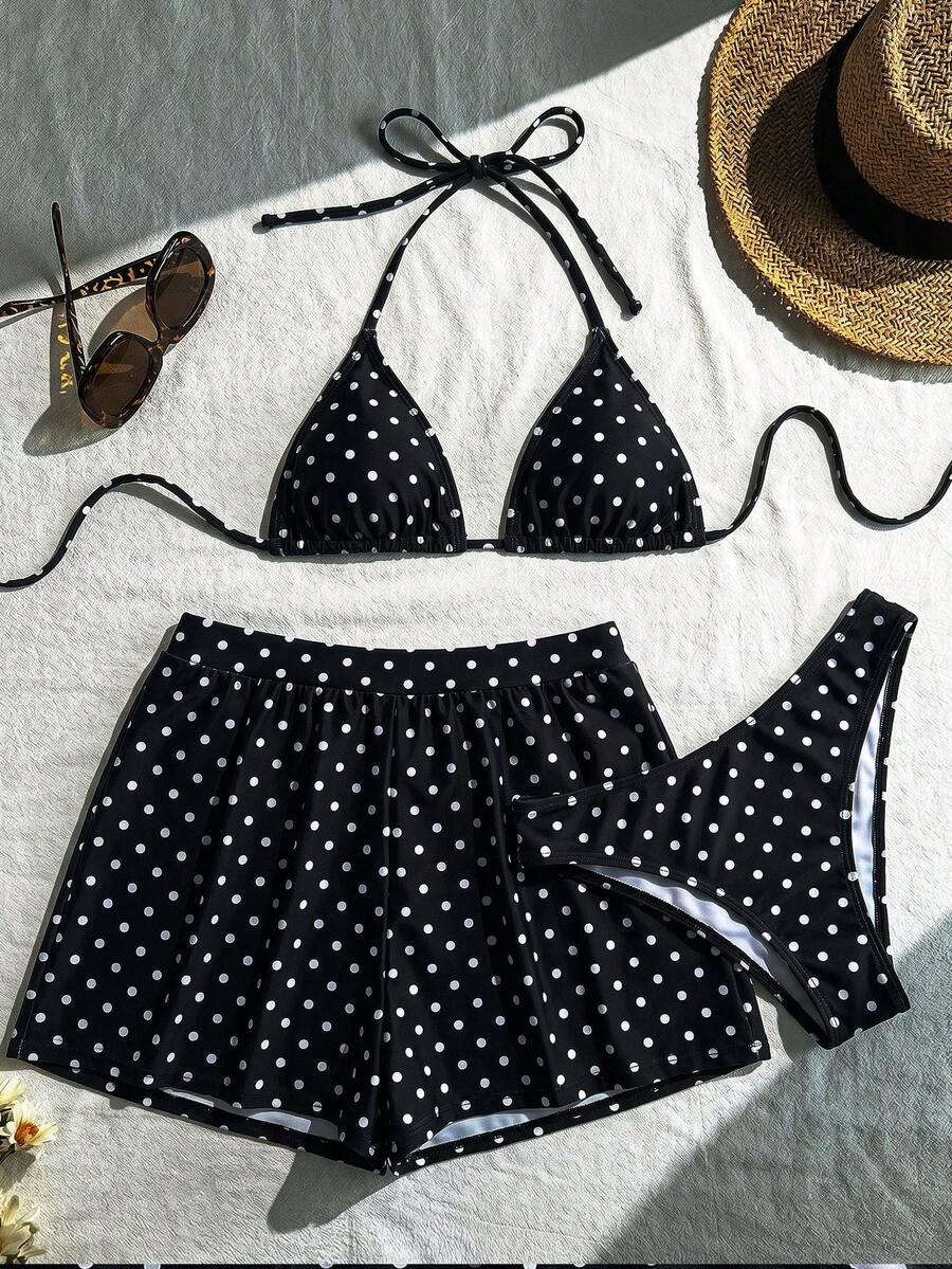 Swim Vcay Ensemble de 3 pièces de maillot de bain sexy avec liens, imprimé populaire de lys et de léopard, haute élasticité, pour la plage et les vacances - Noir - Voir 1