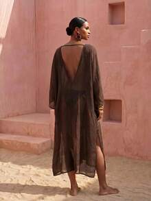 Zivah Áo khoác dài kiểu kimono bằng chiffon dành cho nữ, thích hợp mặc đi biển, màu nâu, mùa xuân/hè 2026. - màu nâu - Xem 3