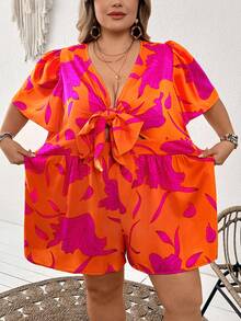SHEIN CURVE+ Plus Size Women's Holiday Island Romantic Orange And Pink Color Blocked Printed Tie Front Bow Short Sleeved Loose Cut Jumpsuit South Beach Women's Summer Women's Summer Women's European Summer Suits Women's Cute Summer Beach Wear Bohemian Women's Wear Pretend Women's Wear Pretend Women's Wear Pretend Women's Hip-Hop Wear Women's Easter Wear Women's Carnival Wear Country Concert Wear Nashville Wear Ibiza Wear - Multicolor - View 5