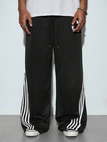 Modcrash Comfortable Loose Striped Casual Sweatpants With Raw Edges, Relaxed Fit, Men's Loose Printed Drawstring Waist Sports Pants - Black - View 3