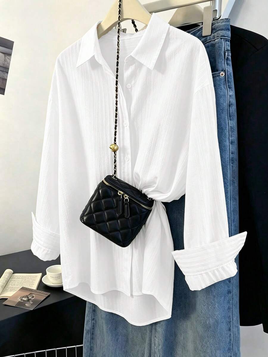 GlowEve CURVE Plus Size Casual Versatile Solid Color Shirt - White - View 1