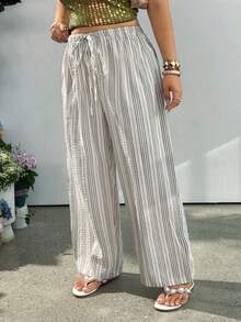 GalTyme 大码女式腰带条纹阔腿宽松休闲裤 - 黑與白 - 查看 3