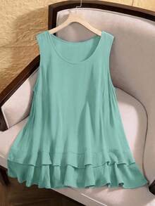 Rusticease Áo camisole thời trang cổ tròn xếp tầng viền bèo nhún màu trơn dành cho nữ cỡ lớn - Màu xanh bạc hà - Xem 4