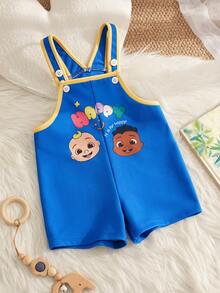 CoComelon X SHEIN Cartoon Print Baby Boy Bib Overalls Shorts - Blue - View 1
