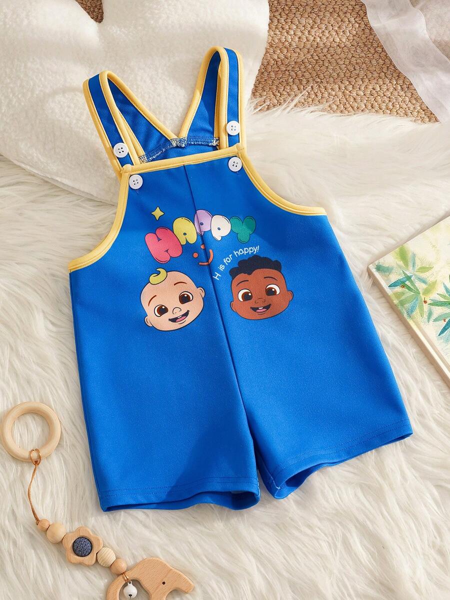 CoComelon X SHEIN Cartoon Print Baby Boy Bib Overalls Shorts - Blue - View 1