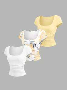 SHEIN EZwear 3件組女款休閒百搭收腰打褶短袖修身T恤，夏季百合印花圖案T恤與素色T恤女上衣套裝 - 彩色 - 查看 3