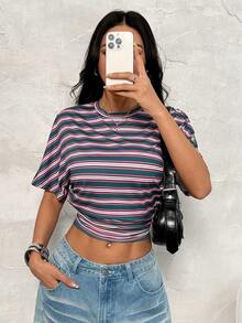 SHEIN PETITE Áo thun crop top nữ mùa xuân/hè phong cách tối giản, thanh lịch, kiểu Y2K, preppy, cơ bản, mặc hàng ngày, casual, phong cách đường phố, co giãn, màu xanh lá cây và hồng, dáng rộng, xếp ly. - Nhiều màu - Xem 3