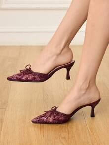 CUCCOO HITCHD Burgundy Lace Bow Pointed Mullers, Thin Heel Empty, Dating Commuter Skinny High Heels - Burgundy - View 2