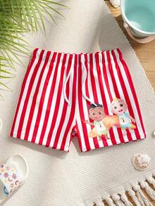 CoComelon X SHEIN Bañador de niño con estampado de rayas y dibujos animados, con cintura con cordón - Rojo - Ver 3